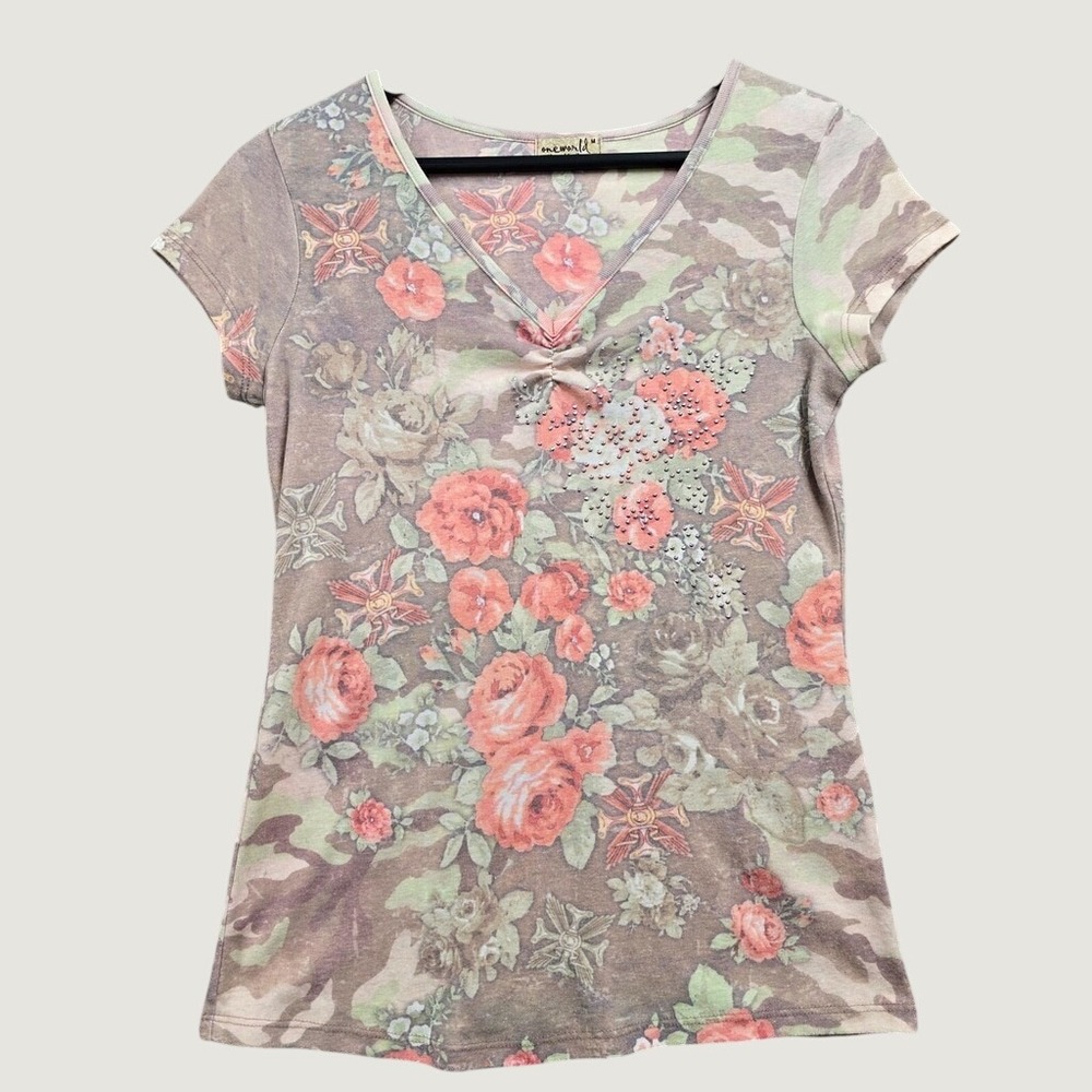One World Floral Camo V-Neck Top Womens M Brown Rhinestone Y2K Grunge Boho